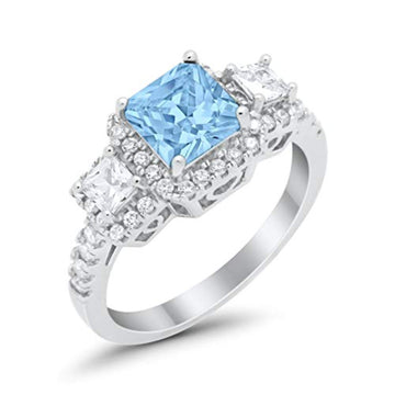 Three Stone Princess Wedding Simulated Aquamarine CZ Ring 925 Sterling Silver